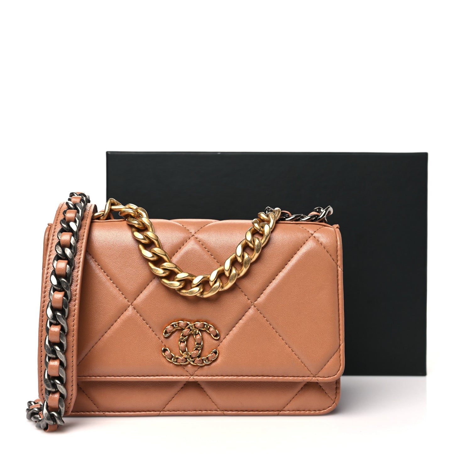 Lambskin Quilted Chanel 19 Wallet On Chain WOC Brown