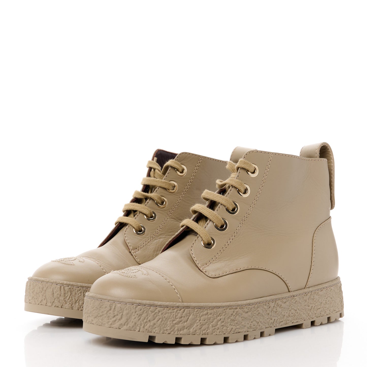 Calfskin CC Turnlock Lace Up Boots 39.5 Beige
