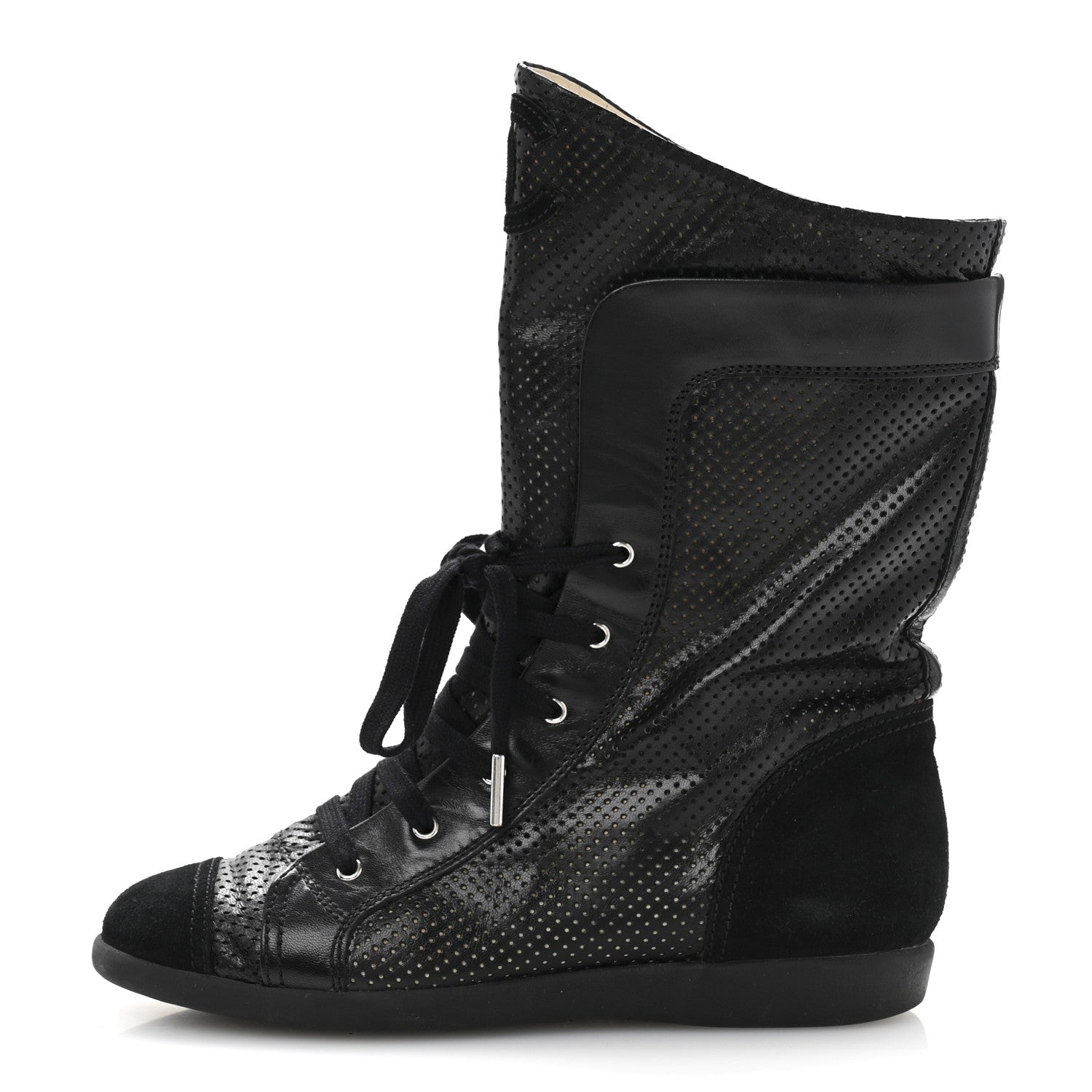 Chanel Perforated Lambskin High Top CC Sneaker Boots 36.5 Black 1 of 10