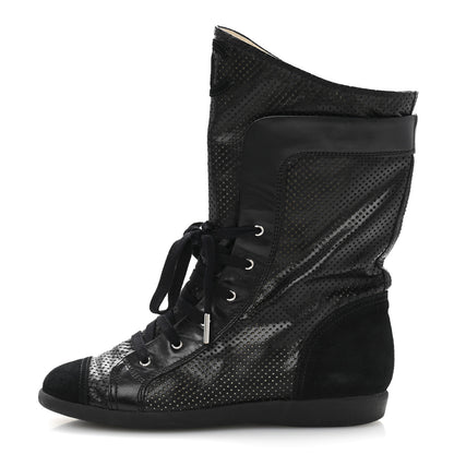 Chanel Perforated Lambskin High Top CC Sneaker Boots 36.5 Black 1 of 10
