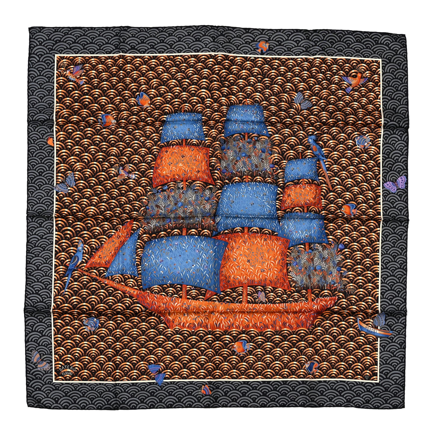 Silk Bateau Fleuri Scarf 90 Anthracite Cuivre Bleu
