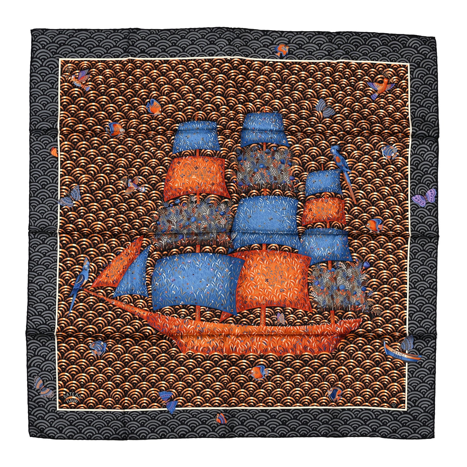 Hermes Silk Bateau Fleuri Scarf 90 Anthracite Cuivre Bleu 1 of 5