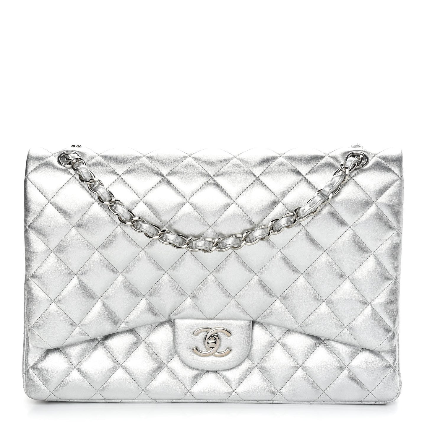 Metallic Lambskin Quilted Maxi Single Flap Silver