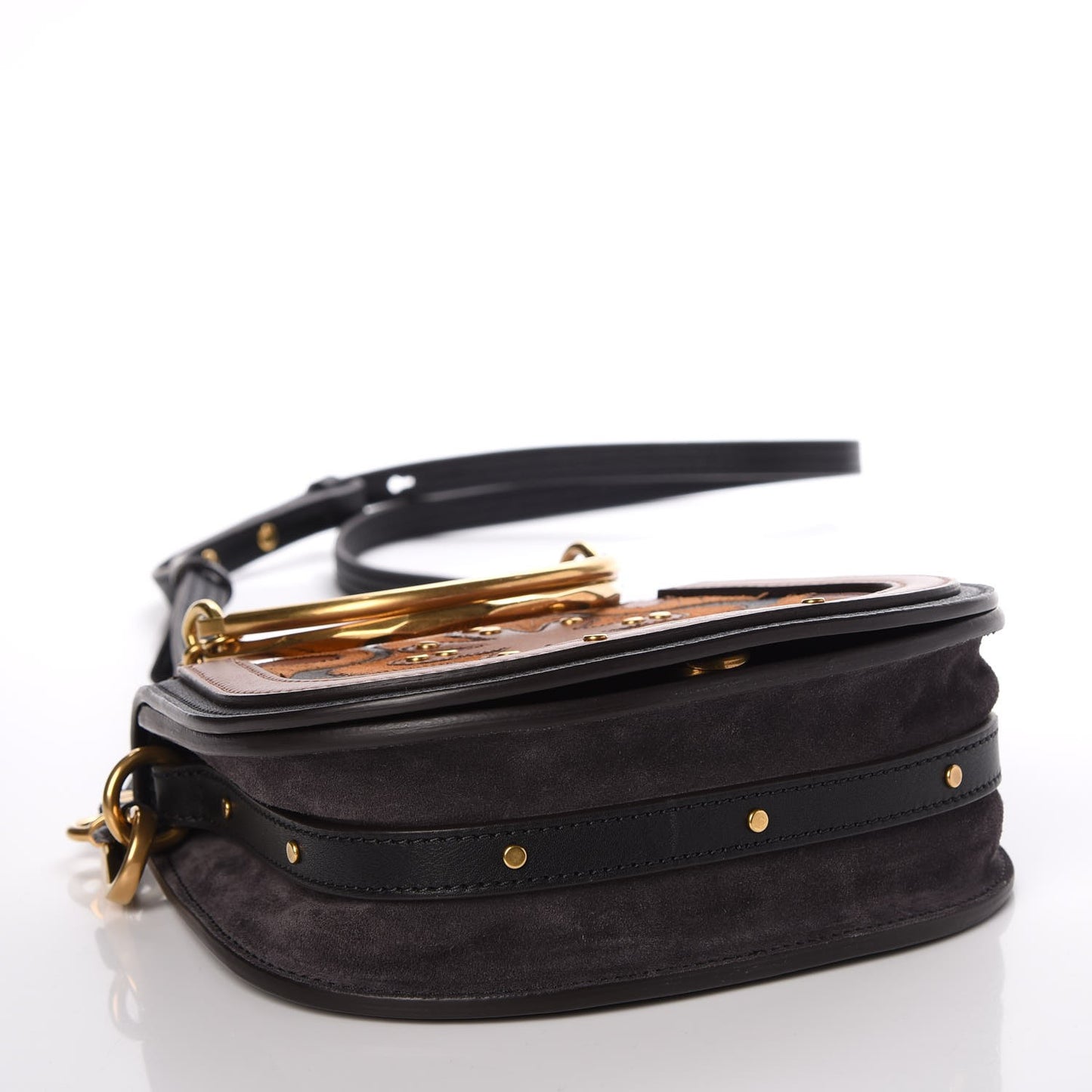 Calfskin Suede Floral Patchwork Small Nile Bracelet Bag Black