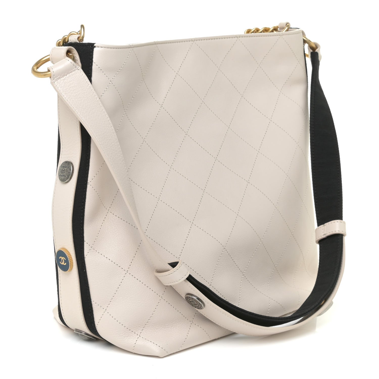 Chanel Calfskin Stitched Large Button Up Hobo Ivory Black 3 of 14