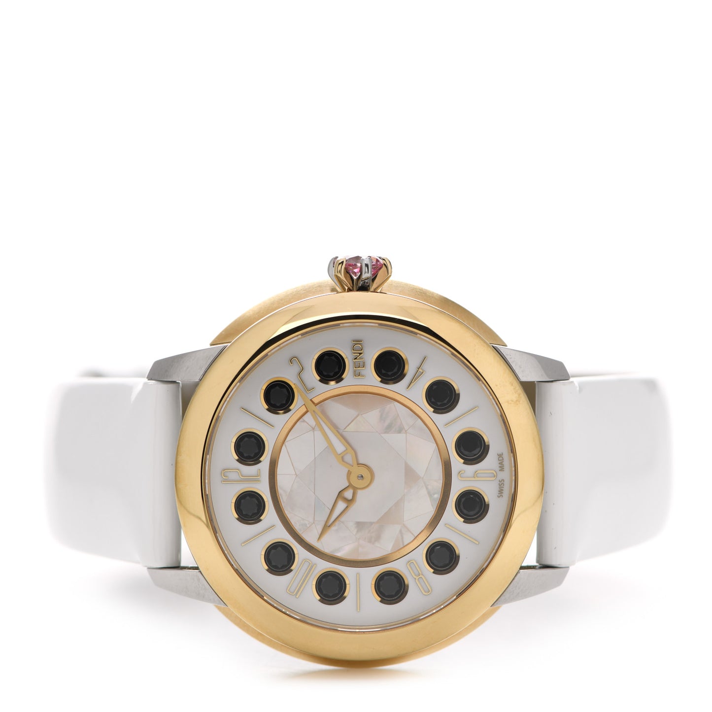 Stainless Steel Calfskin Mother of Pearl Topaz Spinel 38mm Ishine Rotating Gem Quartz Watch