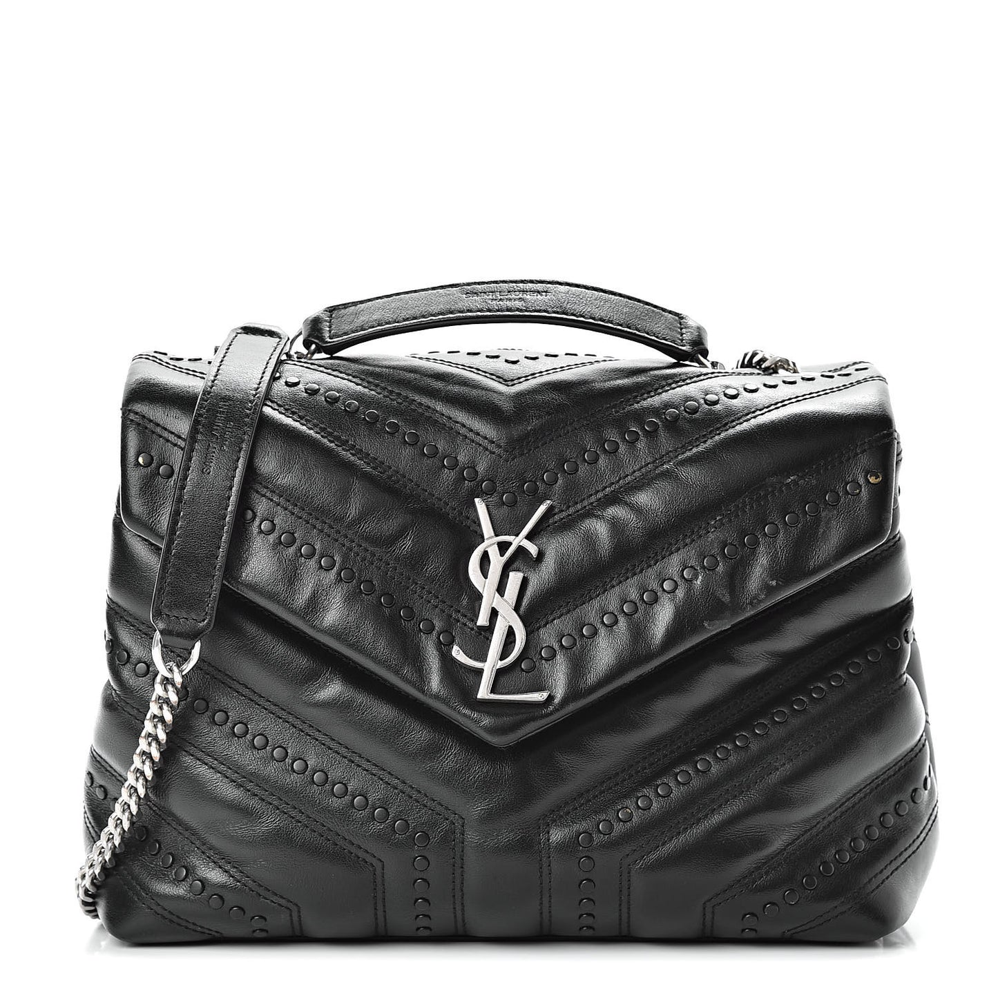 Calfskin Y Quilted Studded Monogram Small Loulou Chain Satchel Black