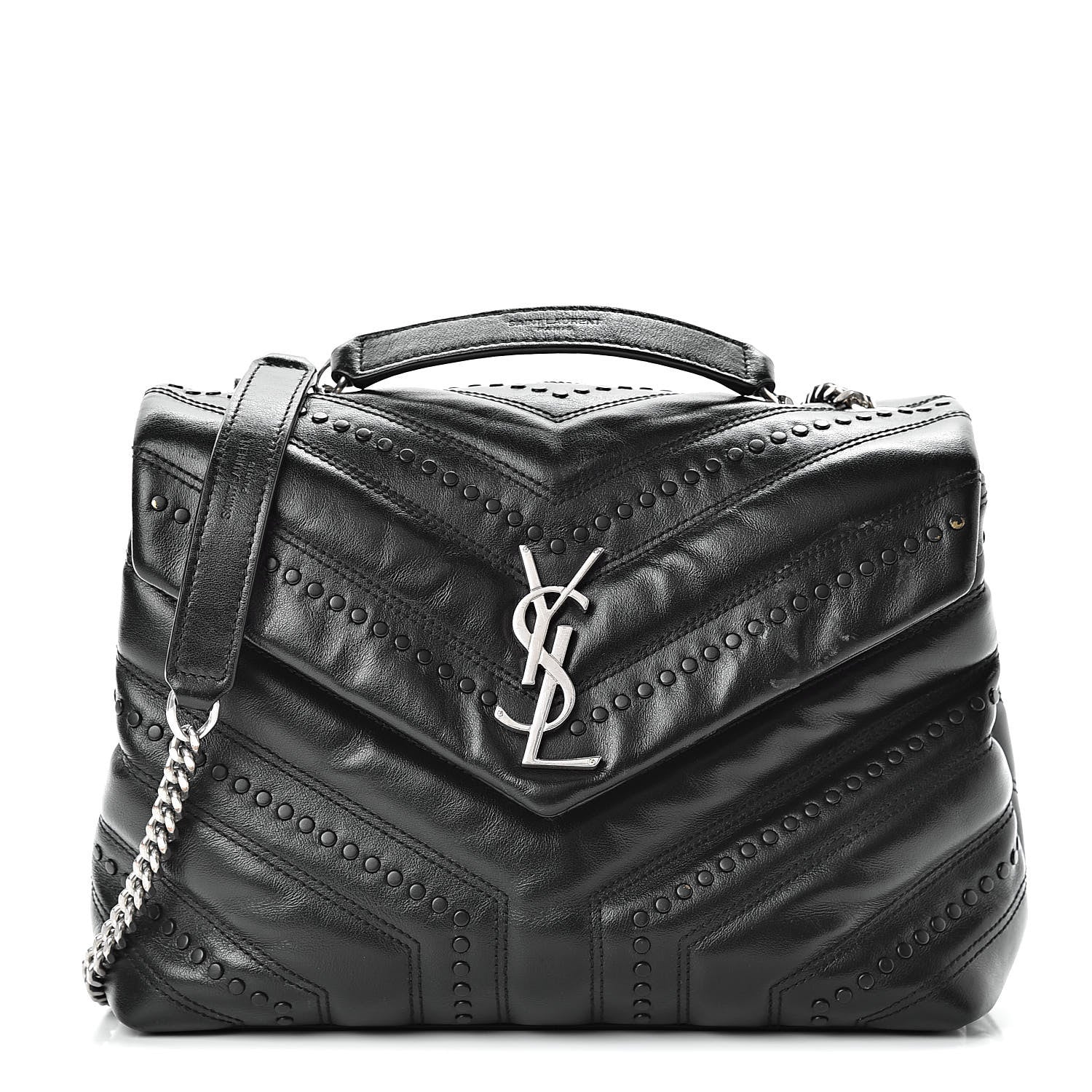 Saint Laurent Calfskin Y Quilted Studded Monogram Small Loulou Chain Satchel Black 1 of 15