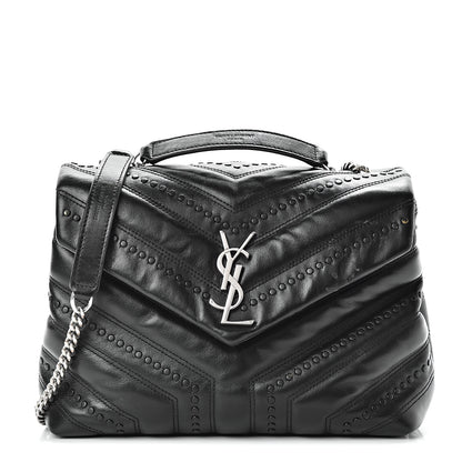 Saint Laurent Calfskin Y Quilted Studded Monogram Small Loulou Chain Satchel Black 1 of 15
