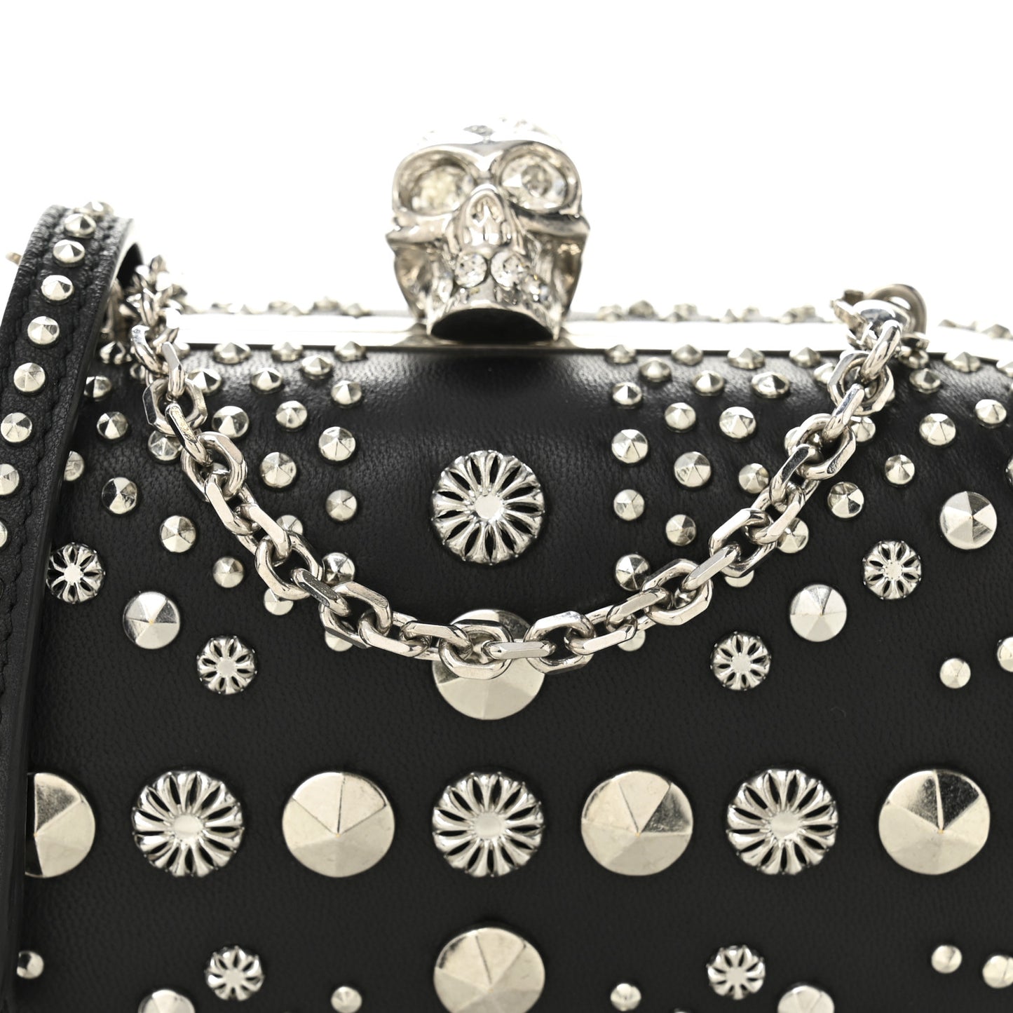 Calfskin Studded Britannia Skull Chain Clutch Black
