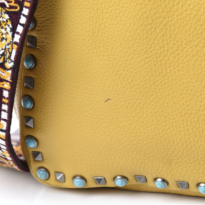 Valentino Garavani Stampa Alce Calfskin Medium Guitar Strap Rockstud Rolling Reversible Tote Wine Yellow 17 of 18