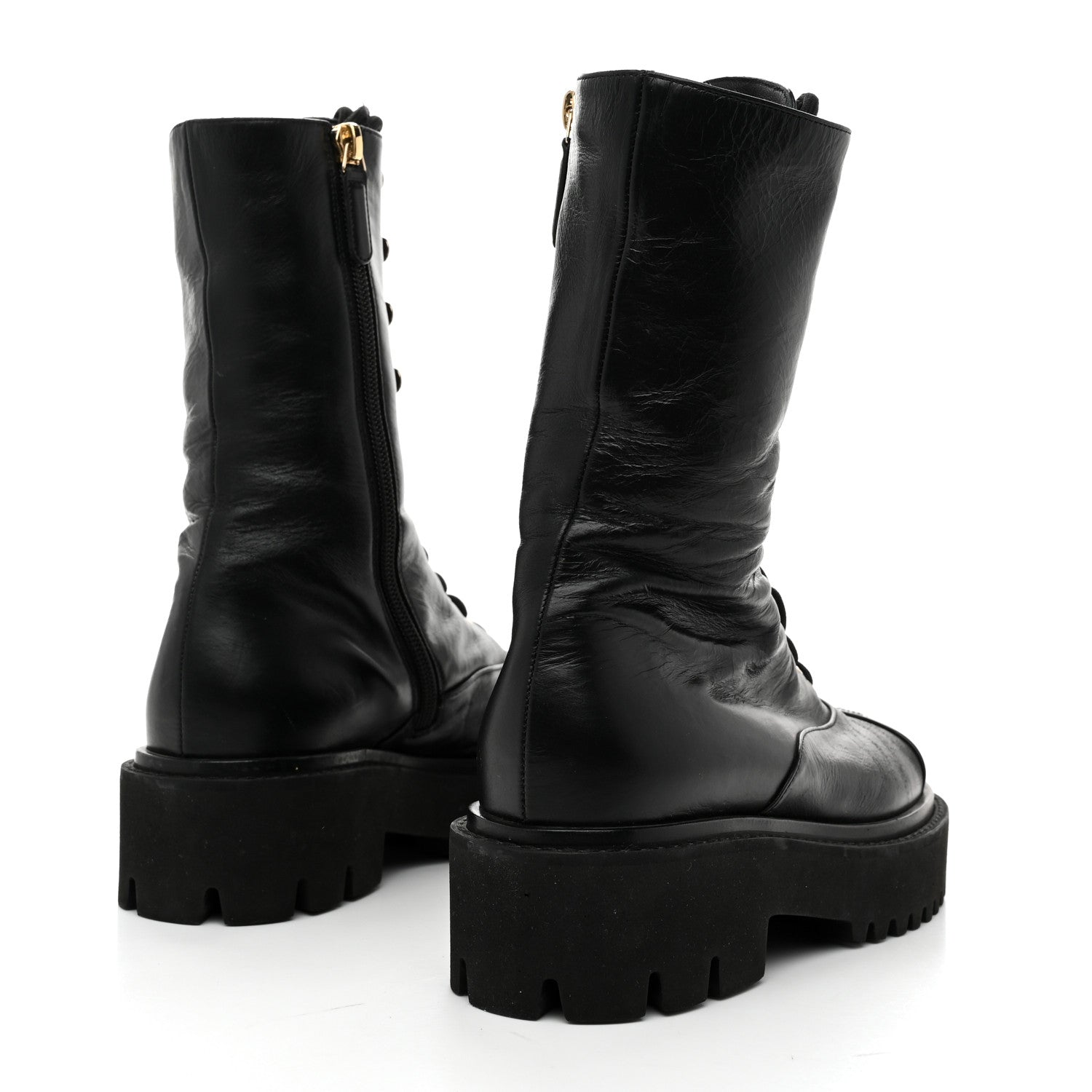 Chanel Crumpled Calfskin Patent Cap Toe Lace Up Combat Boots 35 Black 5 of 9