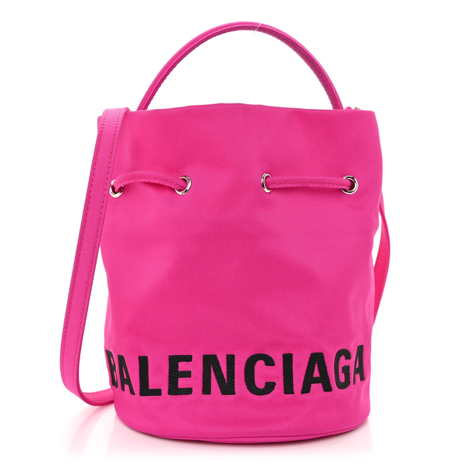 Balenciaga Recycled Sport Nylon Logo Embroidered Wheel Drawstring Bucket Bag XS Fuchsia Black 1 of 9