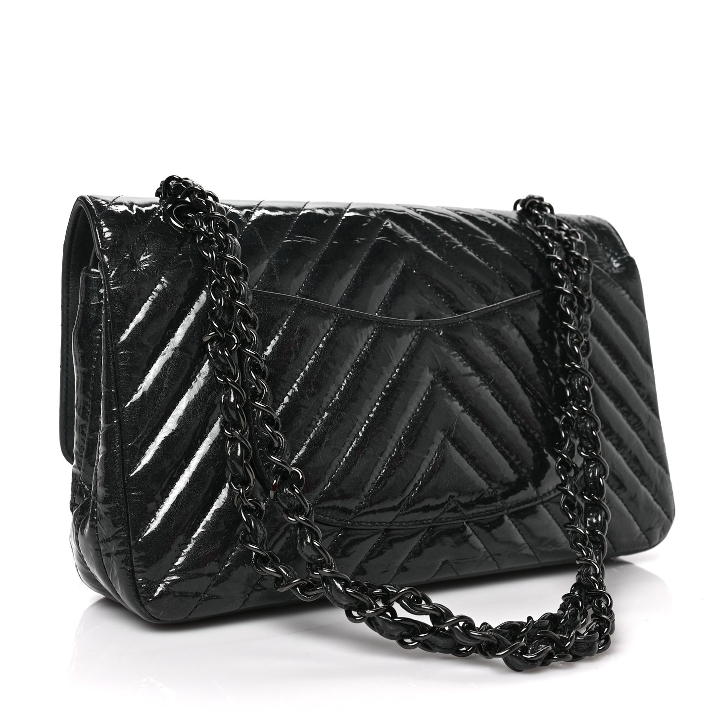 Metallic Patent Crumpled Calfskin Chevron Quilted Medium Double Flap So Black