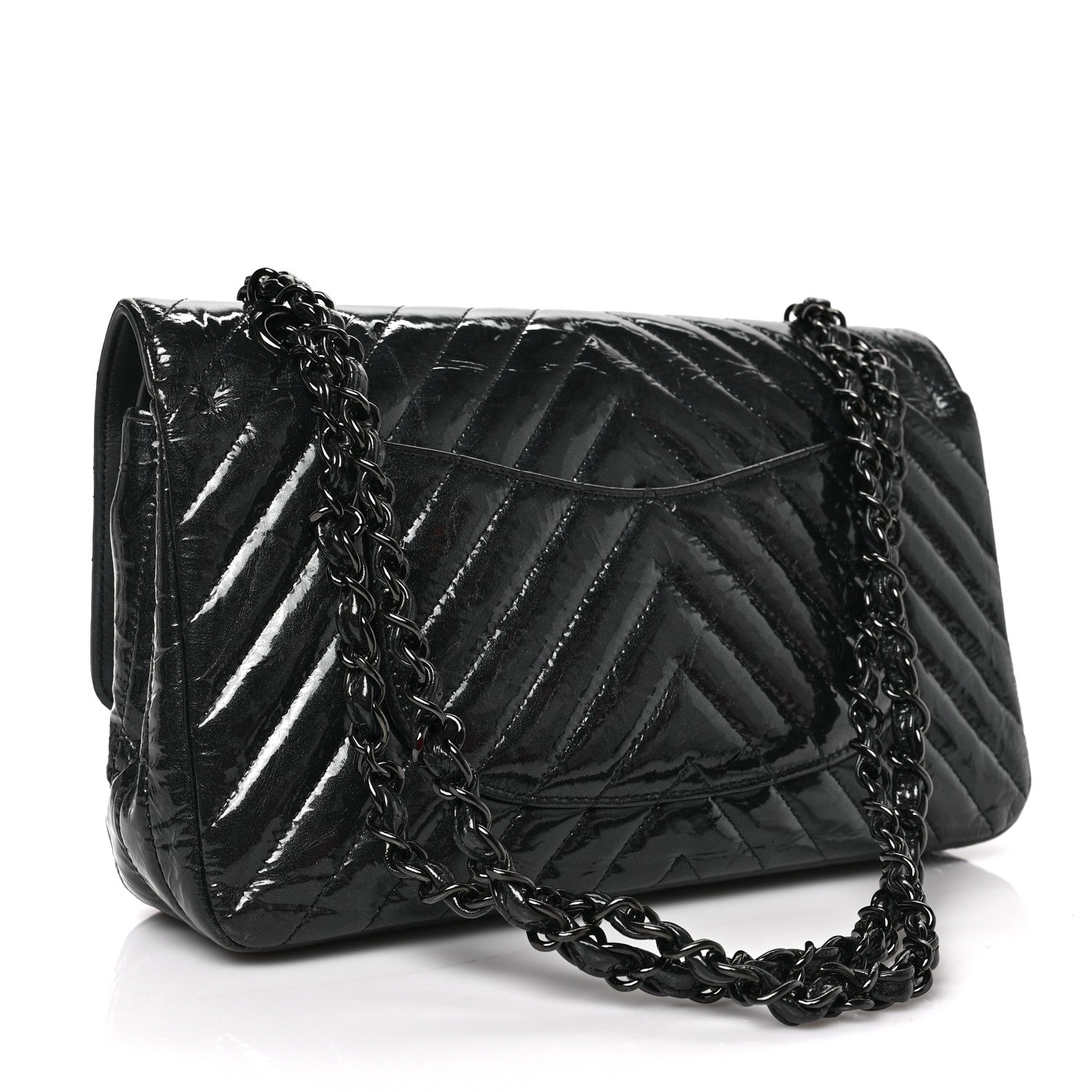 Chanel Metallic Patent Crumpled Calfskin Chevron Quilted Medium Double Flap So Black 3 of 8