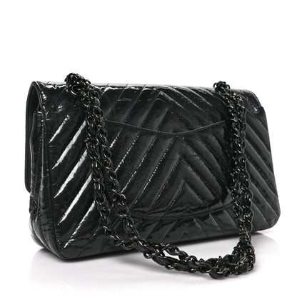 Chanel Metallic Patent Crumpled Calfskin Chevron Quilted Medium Double Flap So Black 3 of 8