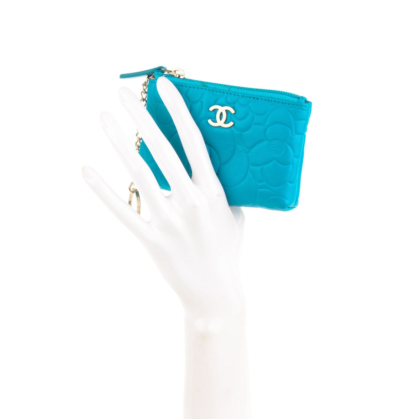 Lambskin Camellia O Key Holder Turquoise