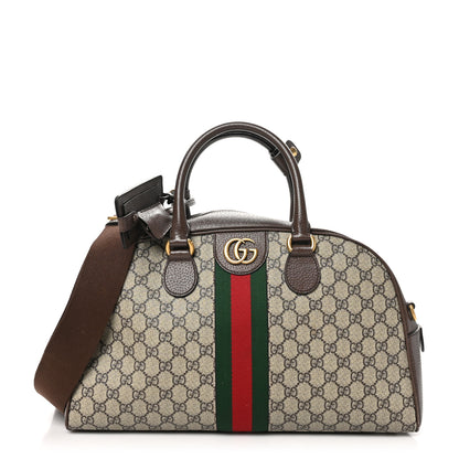 Gucci GG Supreme Monogram Textured Dollar Calfskin Web Medium Savoy Bowling Bag Beige Ebony New Acero 1 of 11