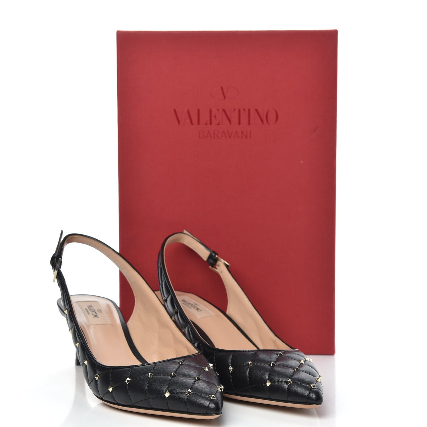 Nappa Quilted Rockstud Spike Slingback Low Heel Pumps 39.5 Black