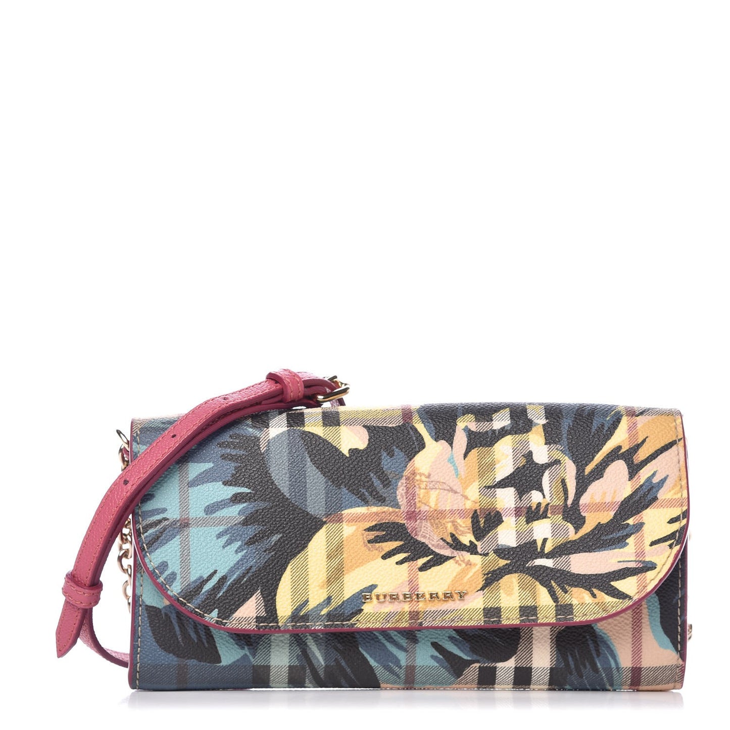 Haymarket Check Floral Print Henley Wallet On Chain Plum Pink Pewter Blue