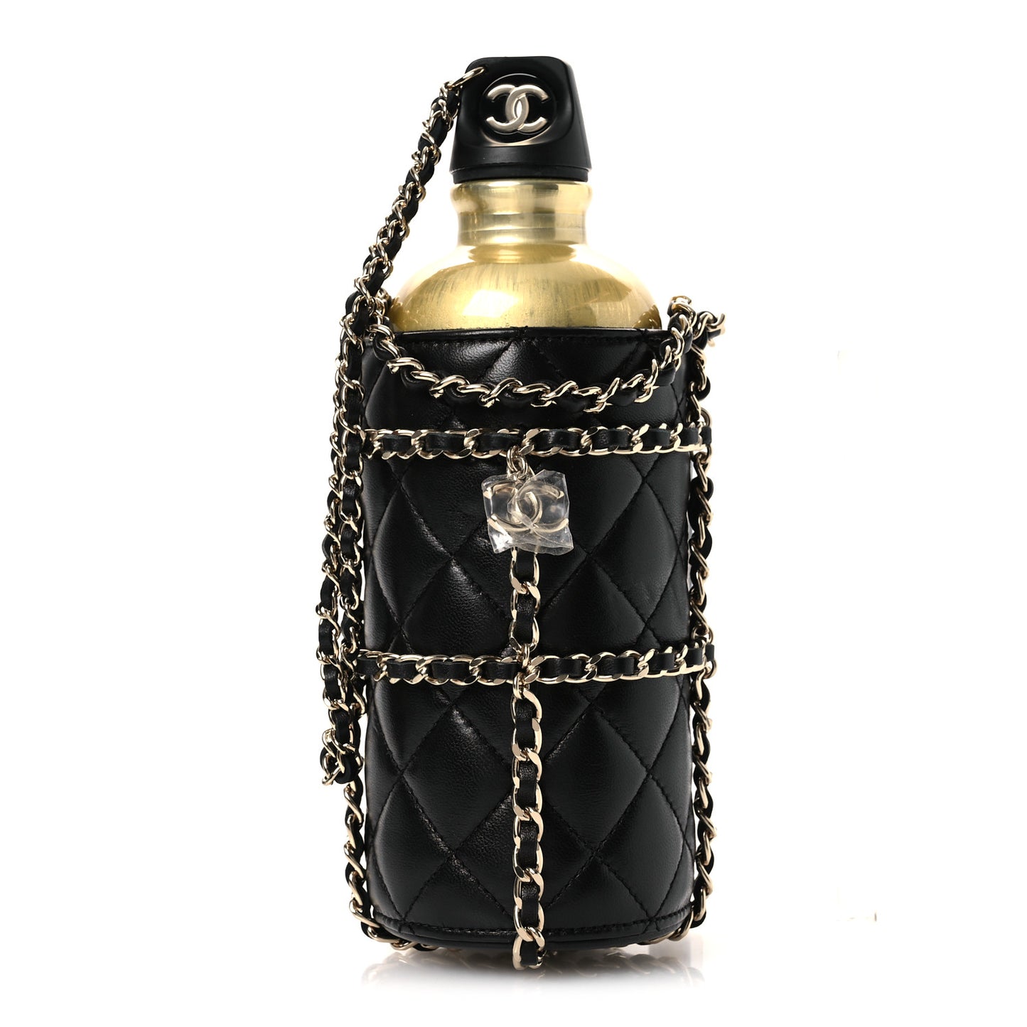 Lambskin Quilted CC To Drink Water Bottle Black Gold