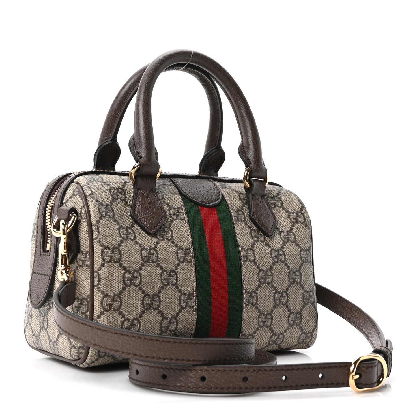 GG Supreme Monogram Textured Dollar Calfskin Web Mini Ophidia Top Handle Bag Beige Ebony New Acero