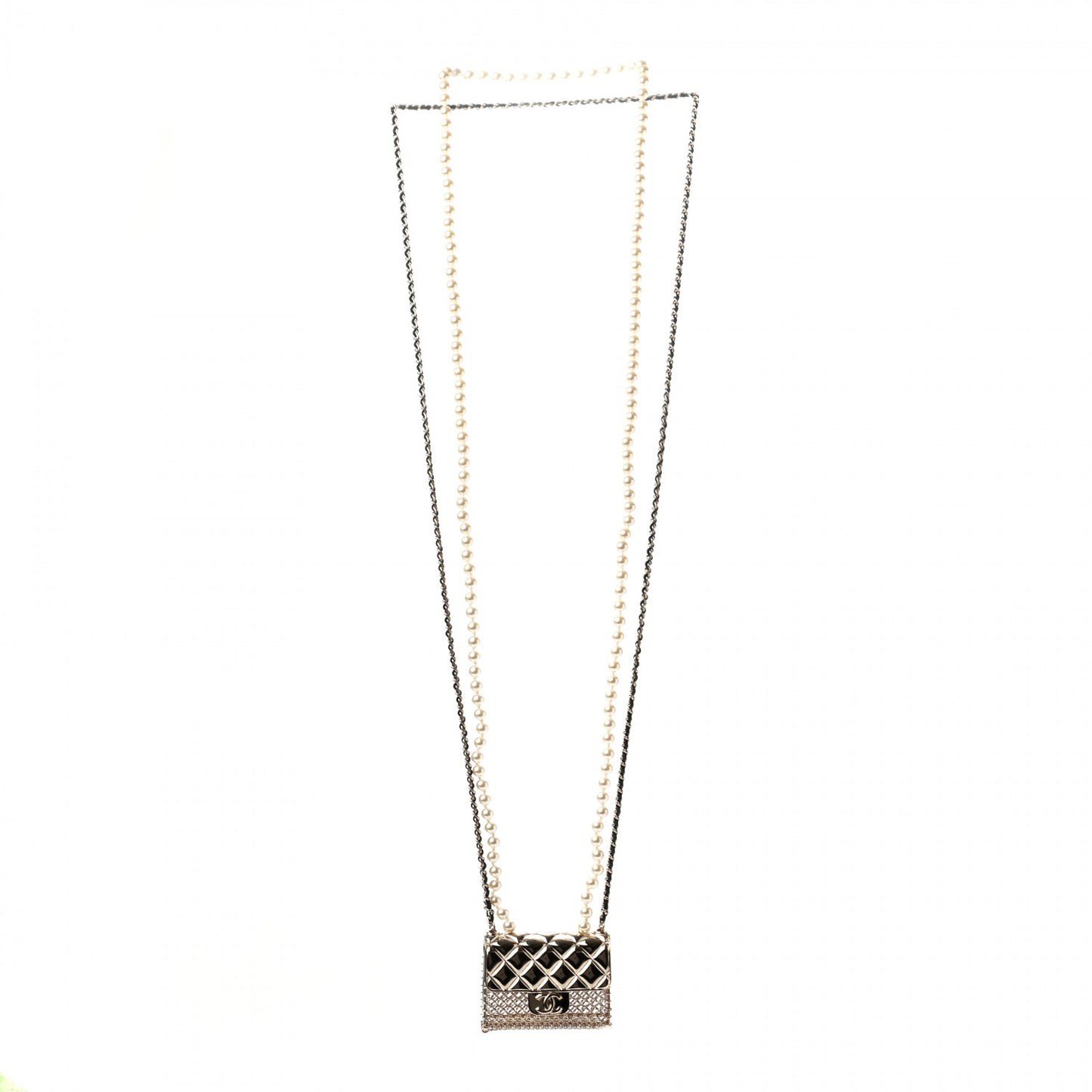 Metal Lambskin Pearl Chain Flap Bag Long Necklace Gold Black Pearly White