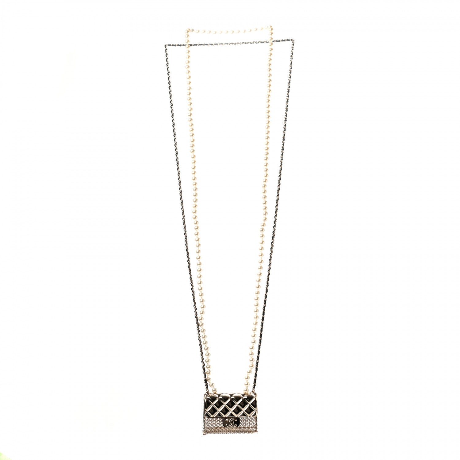 Chanel Metal Lambskin Pearl Chain Flap Bag Long Necklace Gold Black Pearly White 2 of 5