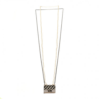 Chanel Metal Lambskin Pearl Chain Flap Bag Long Necklace Gold Black Pearly White 2 of 5