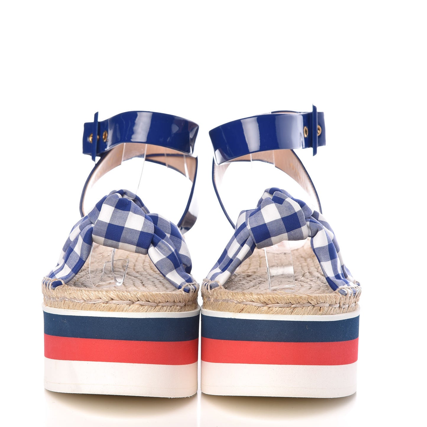 Patent Cotton Gingham Sefir Espadrille Platform Sandals 37 Blue White