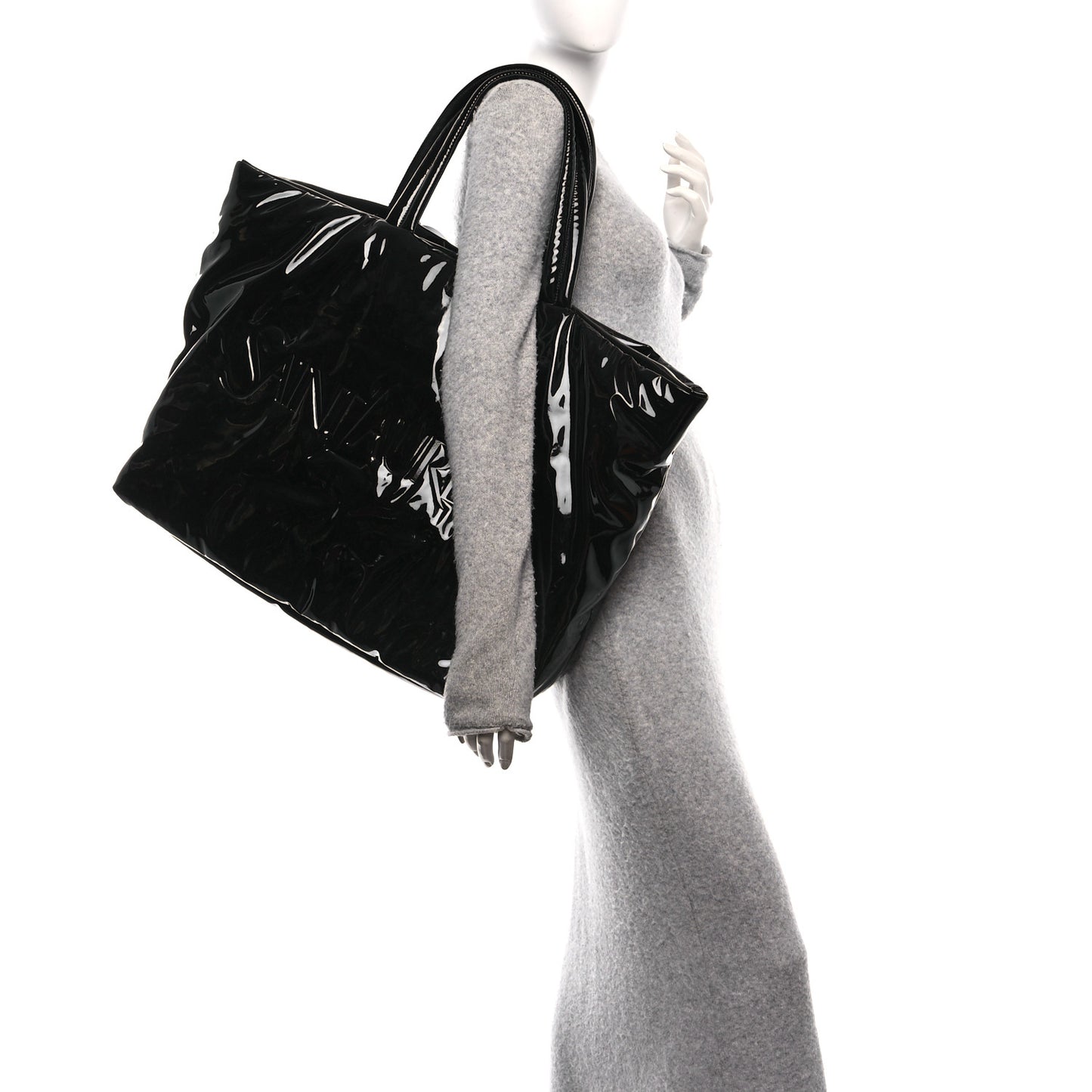 Patent Wide Puffer Maxi Tote Black