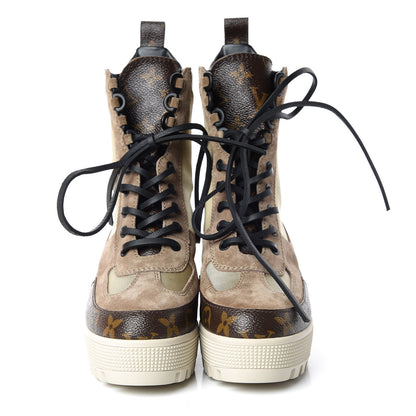 Louis Vuitton Suede Calfskin Monogram Laureate Platform Desert Boots 35 Beige 2 of 8