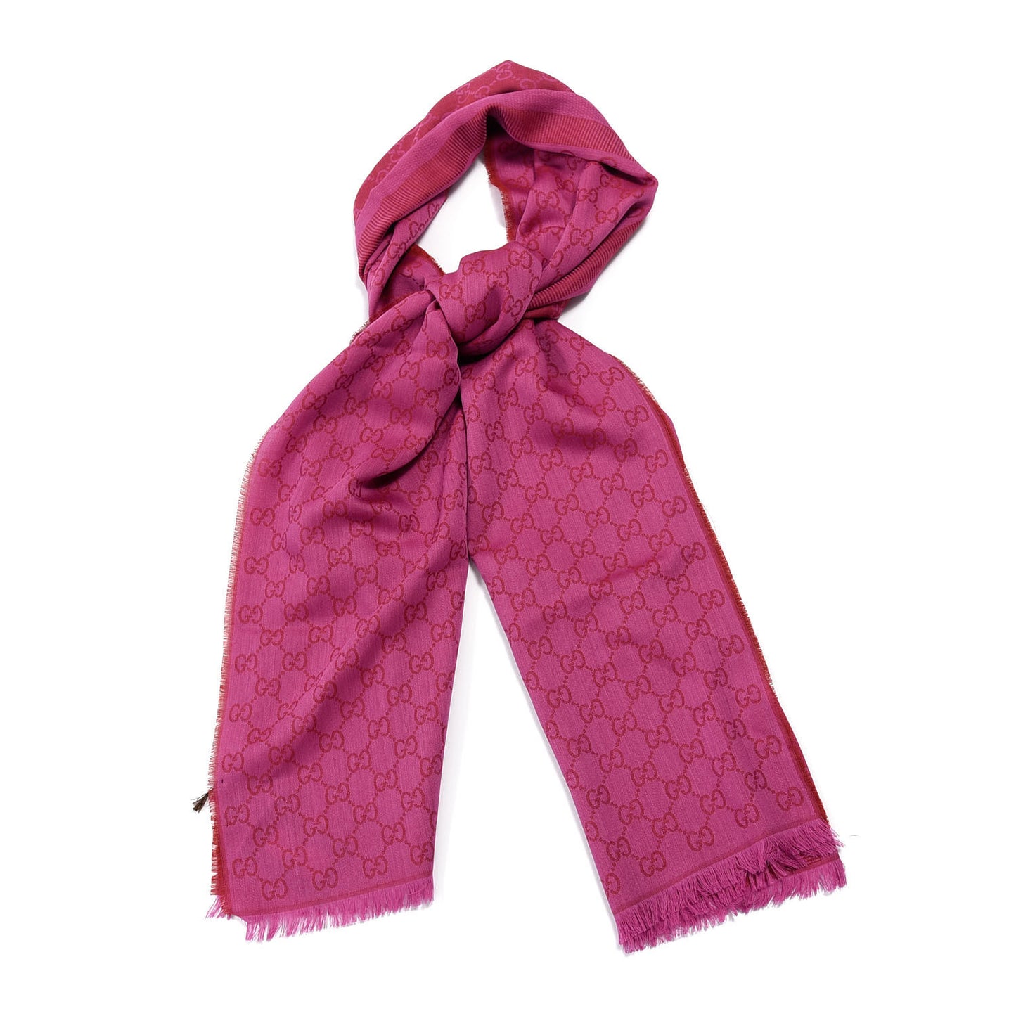 Wool Silk GG Monogram GGWeblong Fringe Scarf Shawl Red Pink