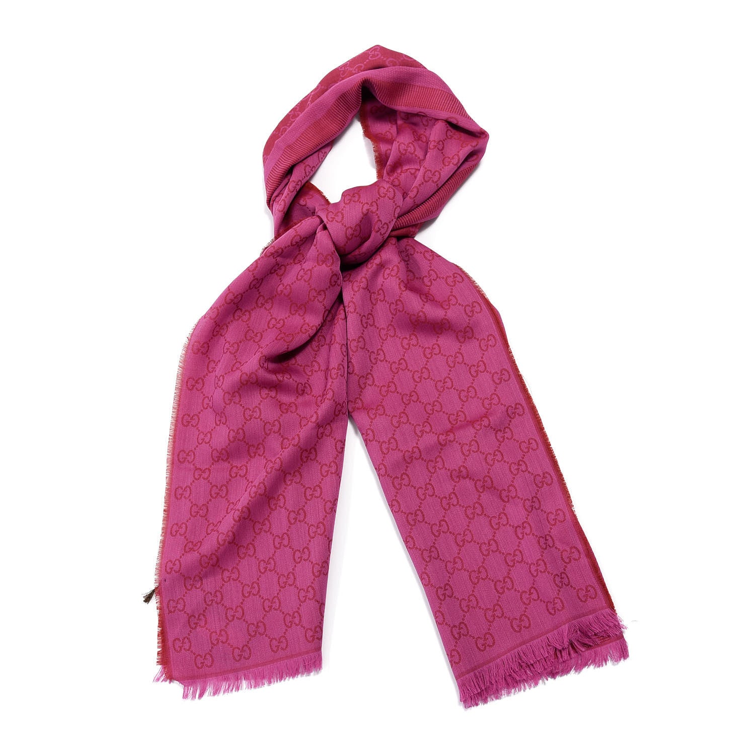 Gucci Wool Silk GG Monogram GGWeblong Fringe Scarf Shawl Red Pink 1 of 3