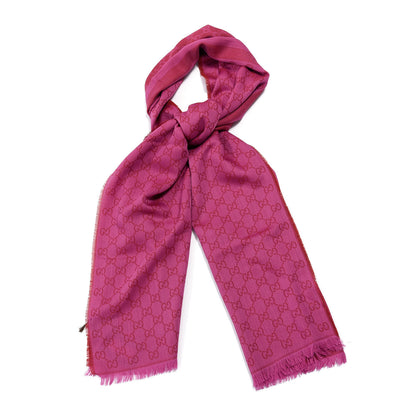 Gucci Wool Silk GG Monogram GGWeblong Fringe Scarf Shawl Red Pink 1 of 3