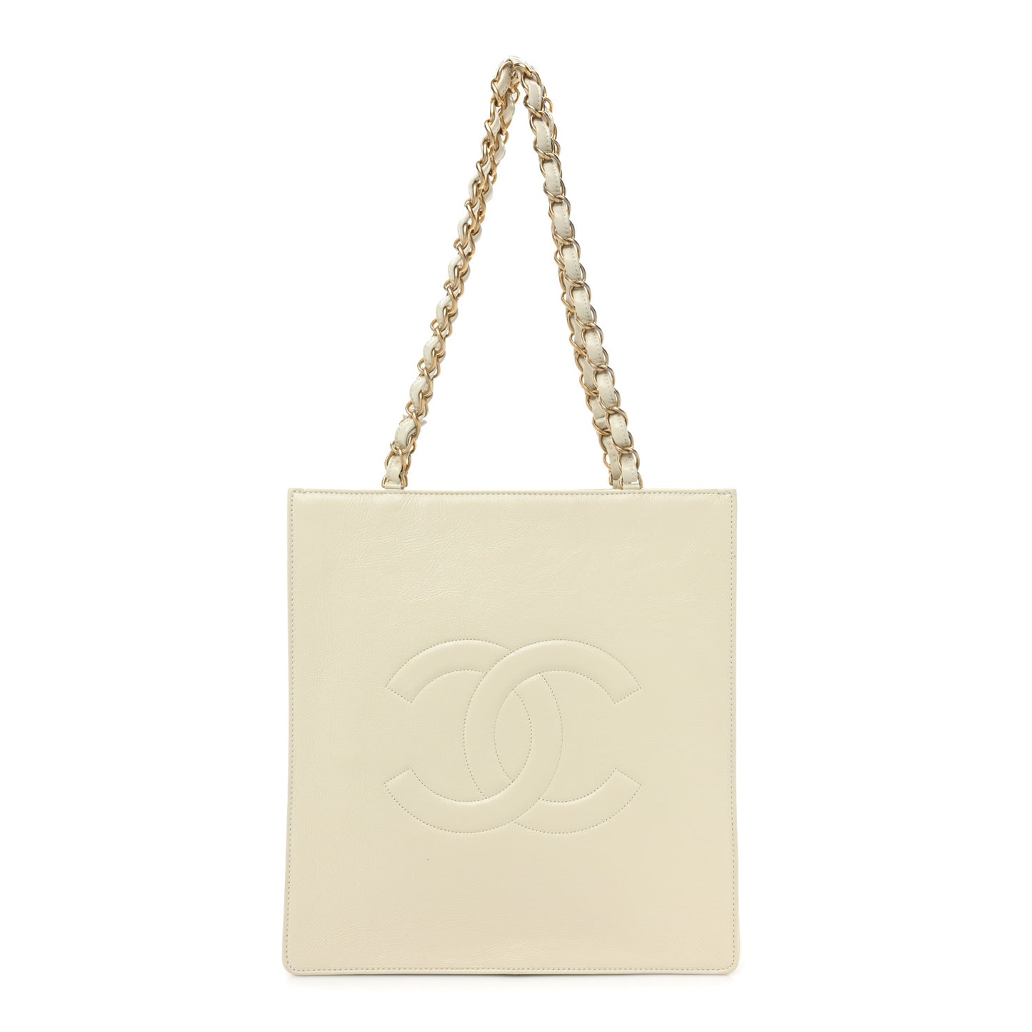 Shiny Aged Calfskin North South Shopping Bag White