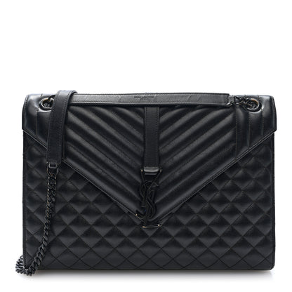 Saint Laurent Grain De Poudre Textured Mixed Matelasse Large Triquilt Monogram Monochrome Satchel Black 1 of 9