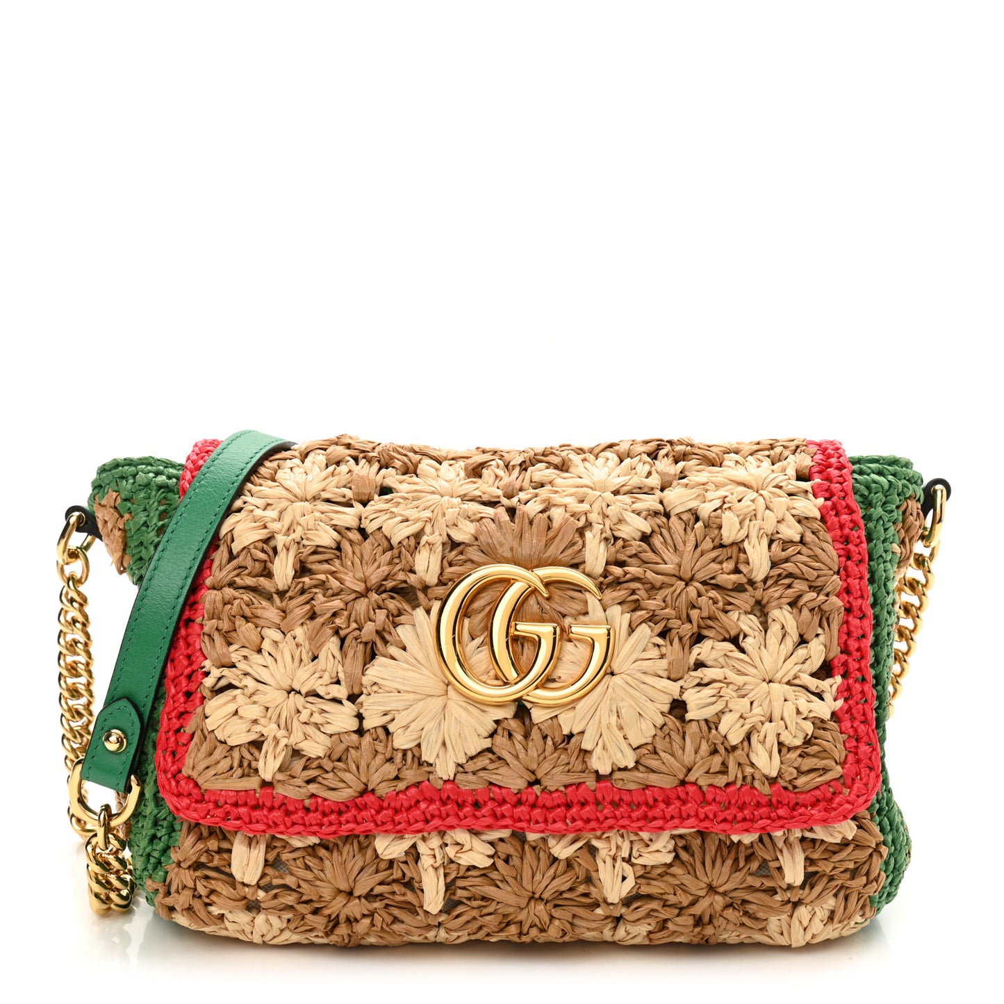Raffia Azalea Calfskin Crochet Flower Small GG Marmont Shoulder Bag Natural Ecru Green Red New Shamarock