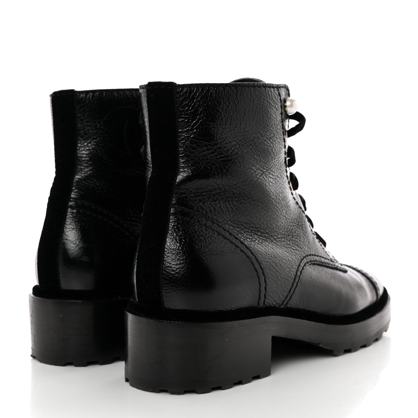 Shiny Calfskin Velvet Pearl Combat Short Boots 40.5 Black