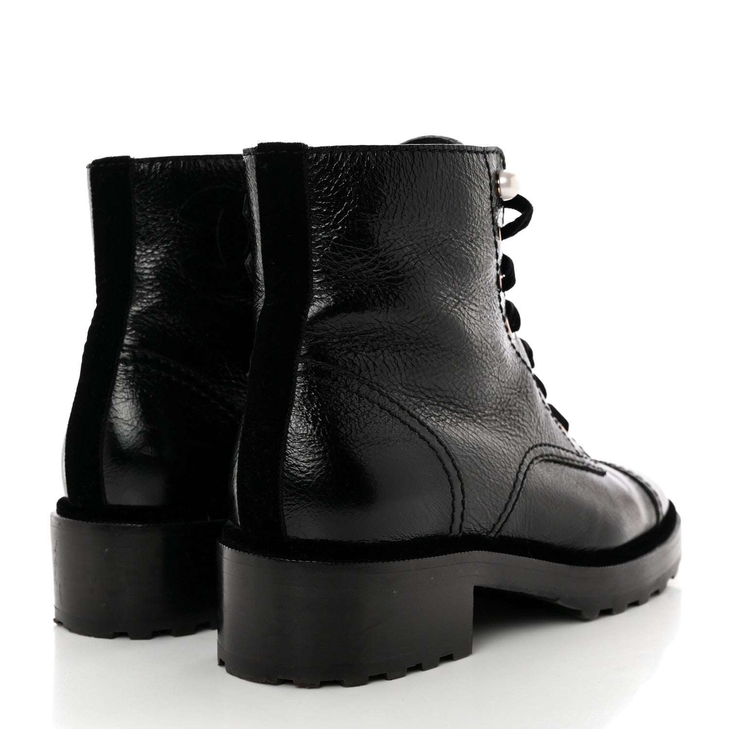 Chanel Shiny Calfskin Velvet Pearl Combat Short Boots 40.5 Black 4 of 17