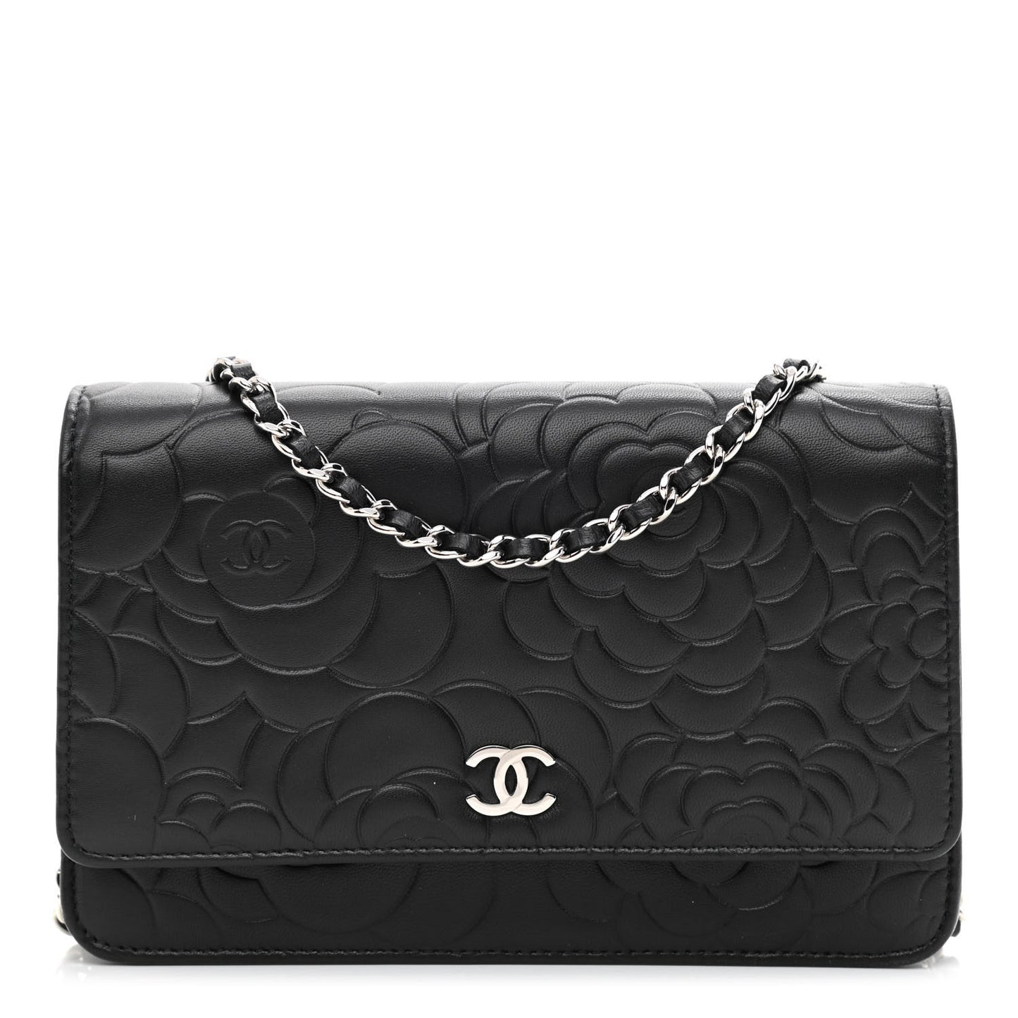 Lambskin Camellia Embossed Wallet on Chain WOC Black