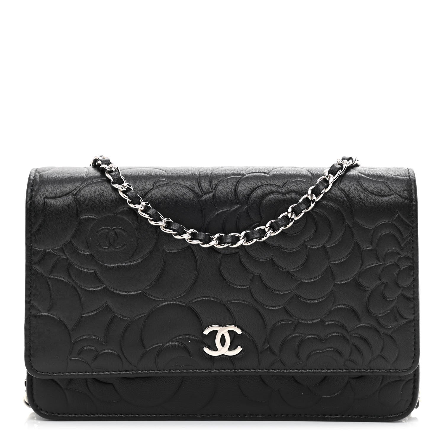 Chanel Lambskin Camellia Embossed Wallet on Chain WOC Black 1 of 12