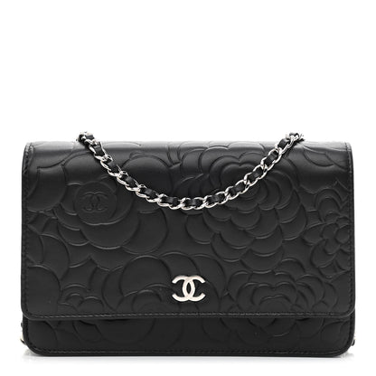 Chanel Lambskin Camellia Embossed Wallet on Chain WOC Black 1 of 12
