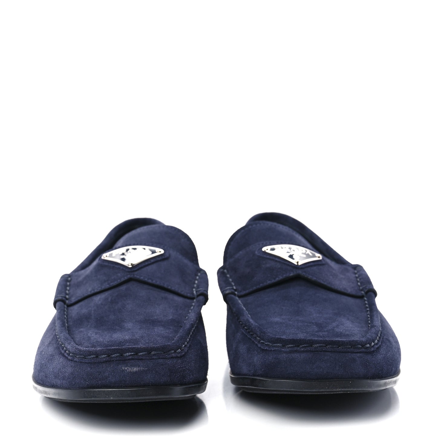 Vitello Scamosciato Metal Triangle Logo Mens Loafers 10.5 Bleu