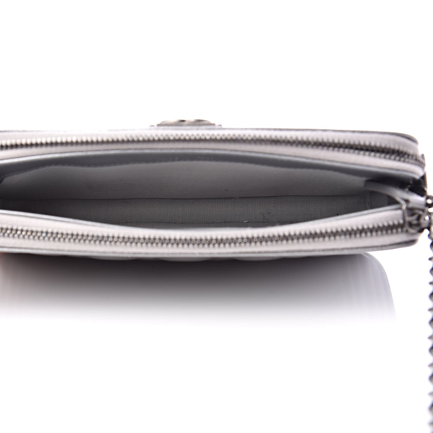 Metallic Caviar Quilted Small Boy Clutch With Chain Silver