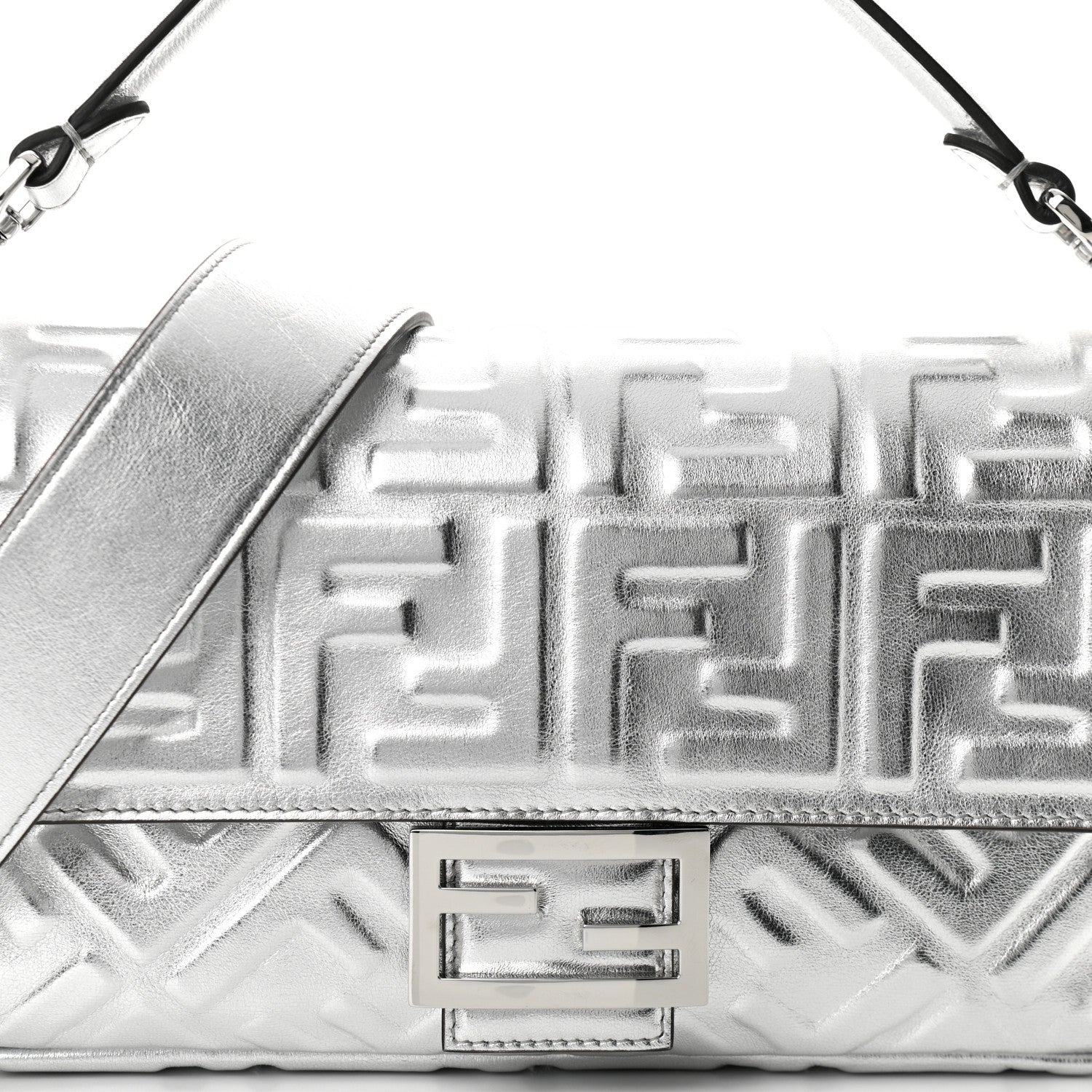 Fendi Vitello Catalan Mirror FF 1974 Embossed Baguette Argento 8 of 10