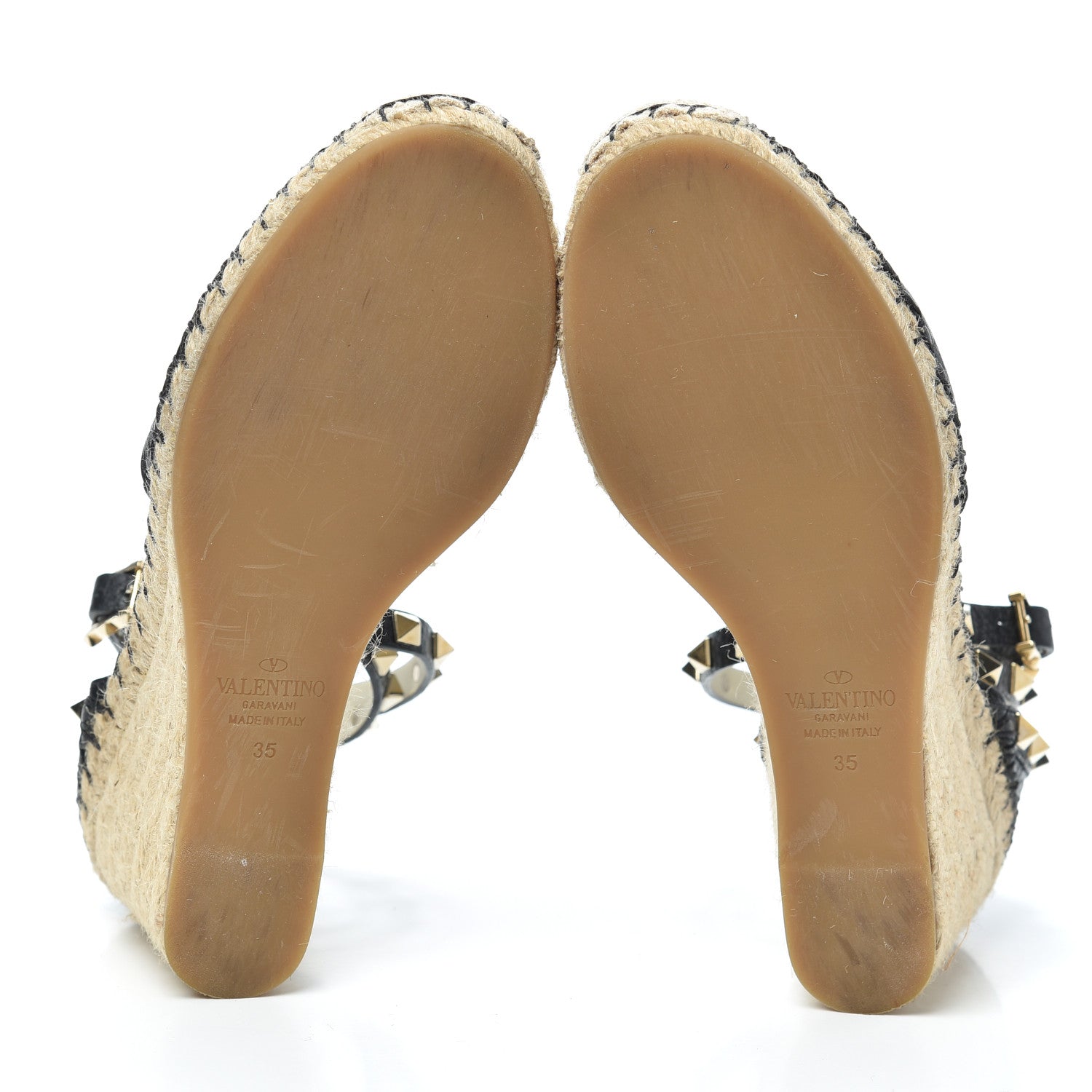 Valentino Garavani Grained Calfskin Rockstud Ankle Wrap Espadrille 15/85mm Wedges 35 Black Light Ivory 6 of 6