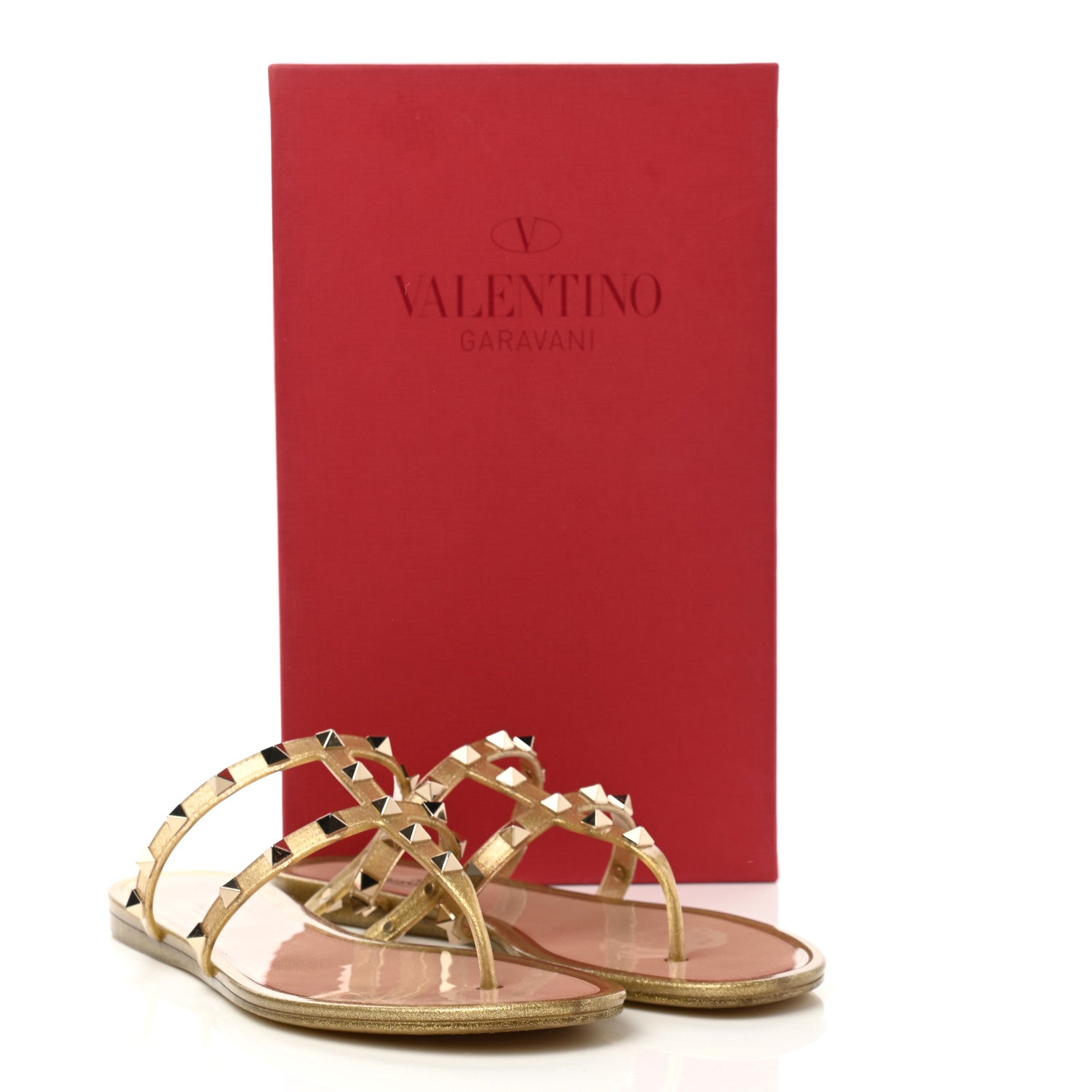 Valentino Garavani PVC Jelly Glitter Rockstud Caged Flat Thong Sandals 40 Oro 9 of 9