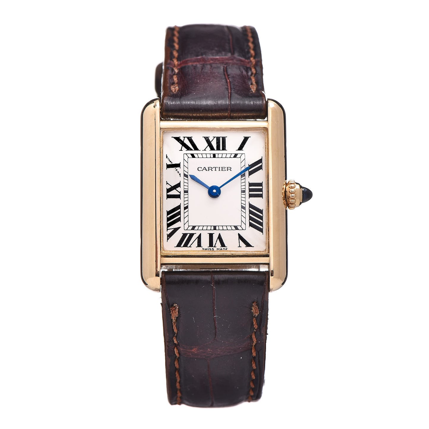18K Yellow Gold Alligator 22mm Tank Louis Quartz Watch Brown