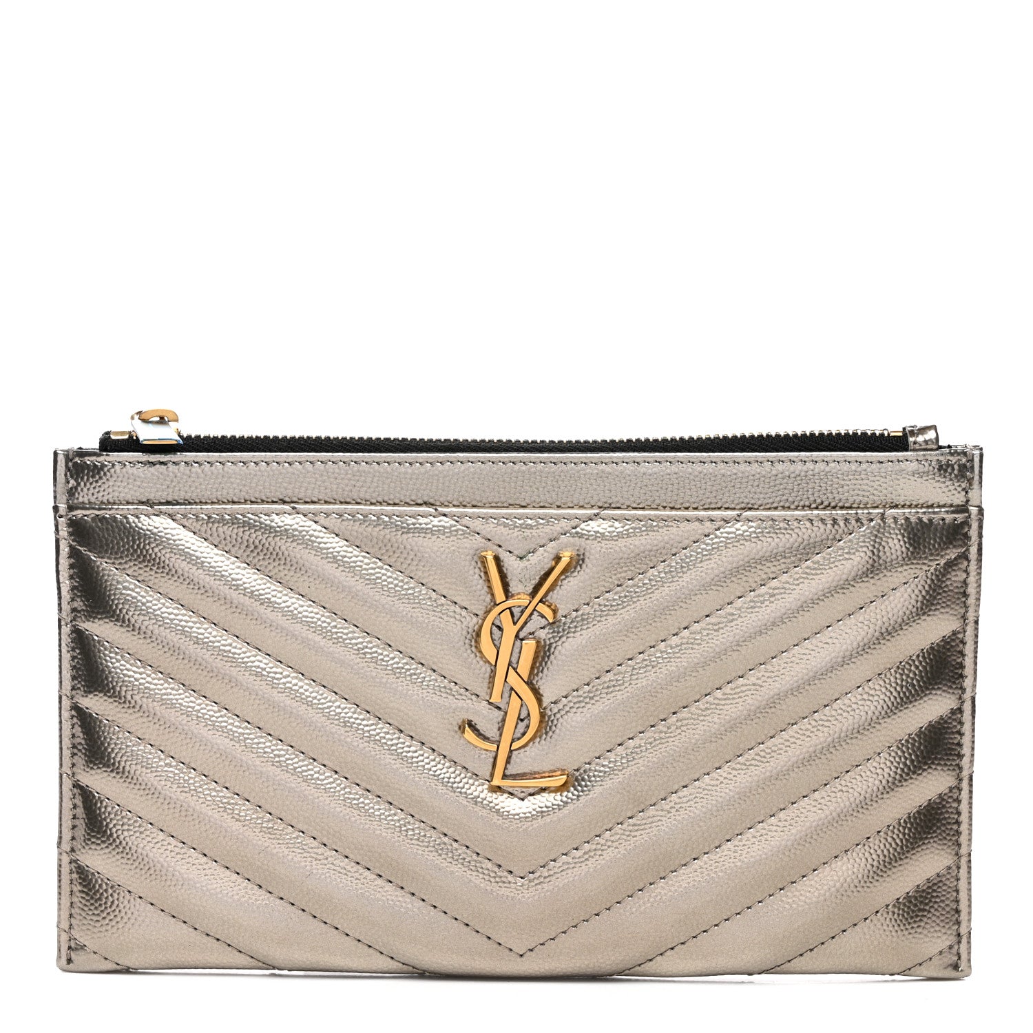 Saint Laurent Metallic Grain De Poudre Matelasse Chevron Monogram Bill Pouch Piombo 1 of 9